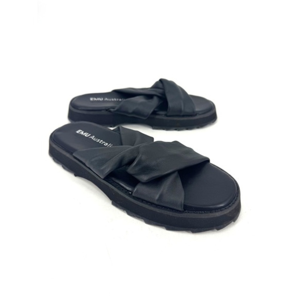 EMU Australia Silky Black Twisted Leather Platform Slide Sandals Womens 9